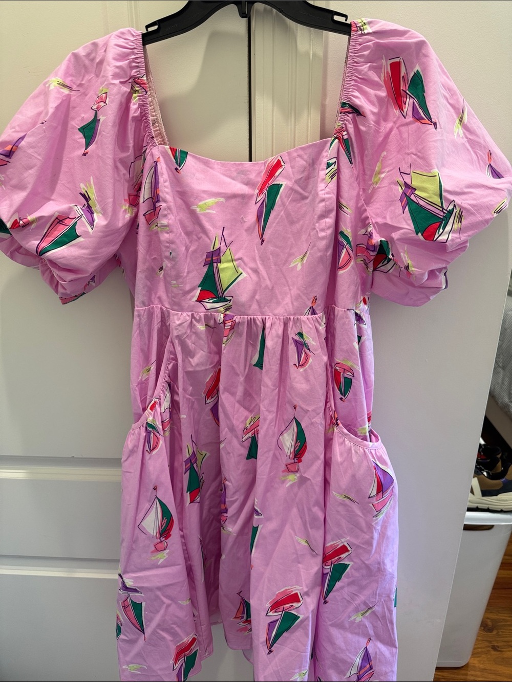 easel Pink Puff-Sleeve Midi Dress with Multicolor Sailboat Print